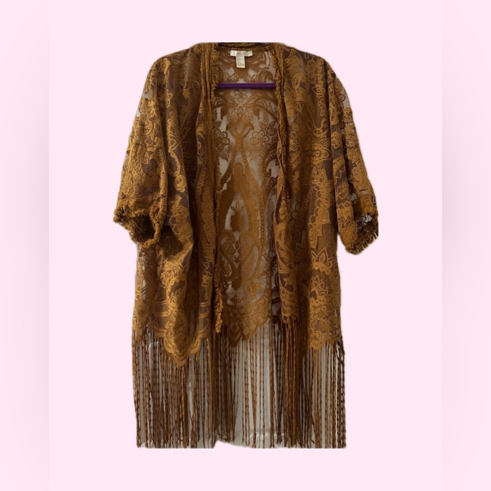 Golden Brown Lace Kimono with Fringe